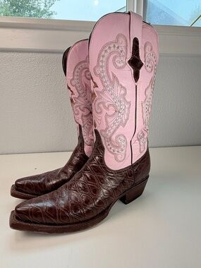 Ferrini Pink and Brown Caiman crocodile Belly Snip Toe Cowboy Boots Womens 7 B